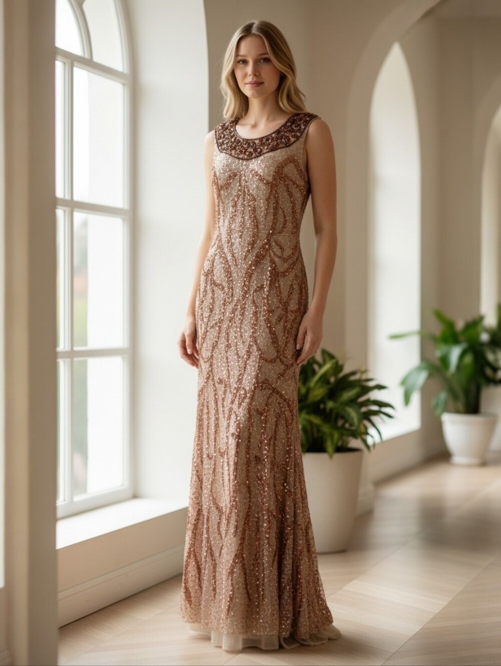 Elegant Full-Length Beaded & Sequined Gown | Cassandra Stone | Perfect Condition